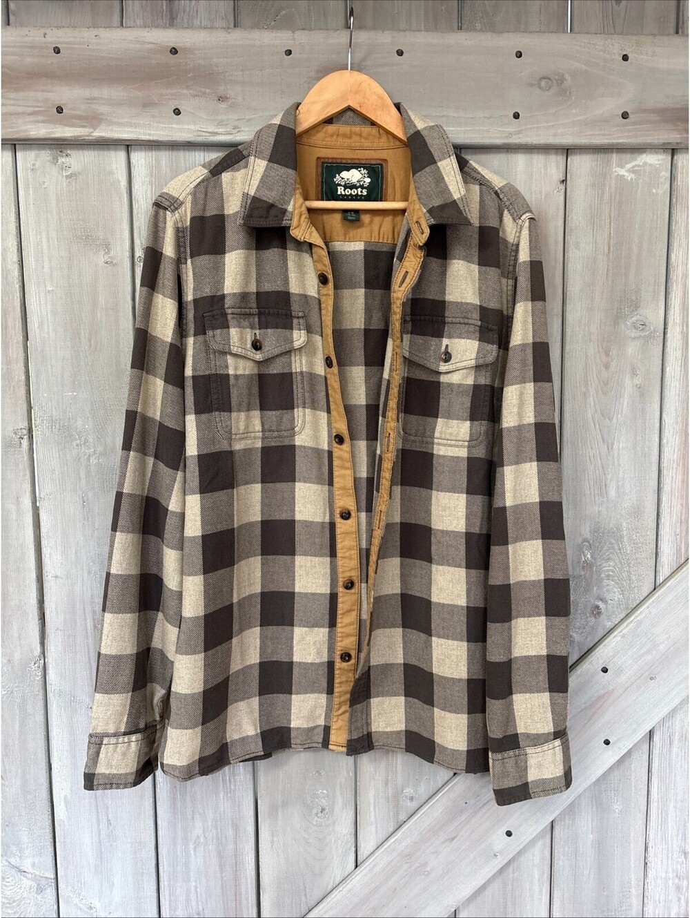 Roots Canada Plaid Flannel Shirt Corduroy Elbow Patches Mens L brown beige